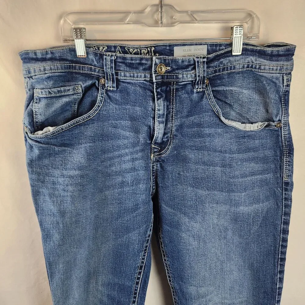 TK Axel Jeans Mens 38x32 Blue Denim Slim Boot Medium Wash Western Thick Stitch